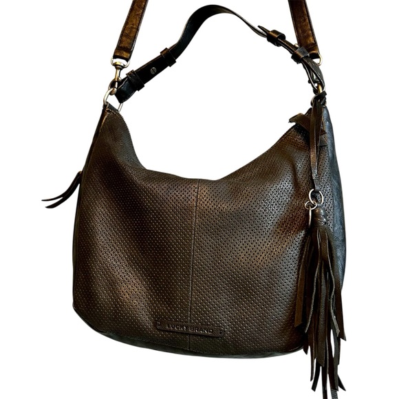 Lucky Brand Ebon Perforated Vanchetta Genuine Leather Hobo Bag Purse Black - Picture 1 of 14